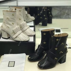 Diseñador Marmont Botas para mujer Botas de tobillo con plataforma de diseñador con flecos Botas con borlas Tacones altos Bota de abeja Zapatos de invierno de cuero real