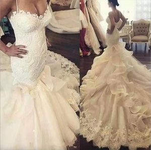 Designer robes de mariée sirène bretelles spaghetti dentelle appliques jupe à volants tulle balayage train boutons couverts mariage robe de mariée vestidos