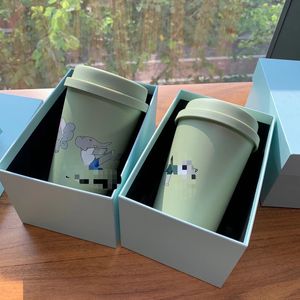 Tazas de diseño Taza de café con elefante pequeño, verde menta, dibujos animados de Anime, taza termo mate de acero inoxidable 304, estilo Ins con caja