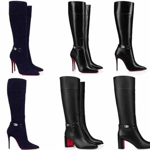 Bottes de pompe design Lock Kate Botta Cuir Bottes rouges genou sur talons hauts escarpins à bout pointu chaussures de marque talon en daim noir et cuir avec boîte