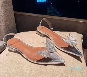 Diseñador -Zapatos planos con lazo de diamantes de imitación, sandalias de tacón de cristal transparente de PVC puntiagudas, estilo de hadas
