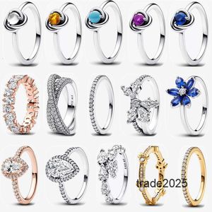 Bague de créateur Femmes Anneaux de mariage de luxe Vacances de Noël avec boîte Cadeau du Nouvel An DIY Fit Pandoras Forme de fleur étincelante avec foret bleu Bijoux en gros