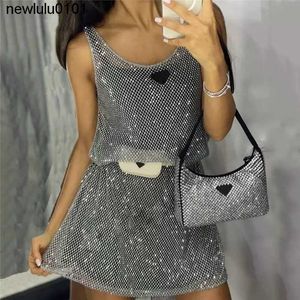 Chaleco de malla de diamantes de imitación brillante de diseñador, vestidos con falda base, vestido plateado de fiesta para mujer, club nocturno