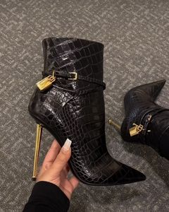 Designer brillant estampé bottes en cuir de crocodile de luxe cadenas bottine bout pointu talons hauts chaussures zippées latérales en peau de mouton bottes à talons hauts
