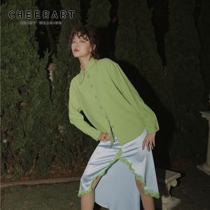 Camisas de diseñador para mujer Blusa verde neón Top de manga larga con cuello de mariposa Camisa de alta moda de llegada 210427