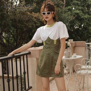 Vestido de verano de diseñador para mujer, Túnica Vintage con botones de rana, Mini ropa corta verde de retazos 210427