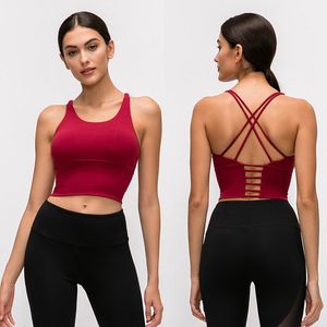 Camiseta de diseñador Color sólido Cruzado Correa delgada Chaleco de yoga Sujetador deportivo clásico Chaleco de fitness para mujer Ropa de entrenamiento con tirantes pequeños Copa desmontable Ropa interior sexy