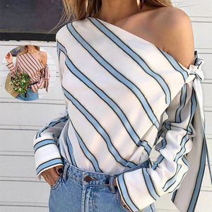 Designer Tops Wome Blouses Femme Chemise Vêtements Lady Off Shoulder Lace Up chemises à rayures uniques Saisons Date Casual Vacation Preferred Attire