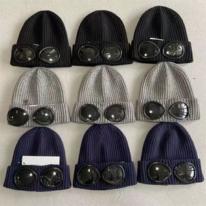 Diseñador de dos lentes Gafas Goggles Gorros Hombres Sombreros de punto Gorros de calavera Mujeres al aire libre Uniesex Gorro de invierno Negro Gorro gris