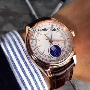 Relojes de diseño Barato 39 mm Cellini Moonphase 50535 M50535 Dial blanco Reloj automático para hombre Caja de oro rosa Correa de cuero Zafiro d253x