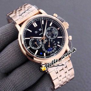 Relojes de diseñador Calendario perpetuo súper complejo 5204 / 1R-001 Reloj automático para hombre Fase lunar Esfera negra Pulsera de acero en oro rosa con descuento