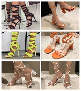Diseñador Mujer Sandalias de tacón alto Oficina de fiesta Zapatos de vestir Zapatos con cordones de corte superficial Slingback Cuero de goma Tobillo de verano 36-43