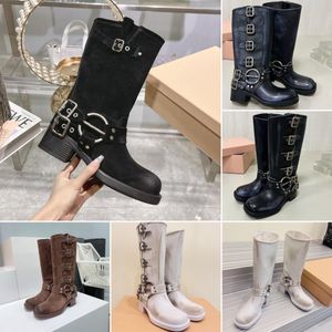 Diseñador botas para mujeres Hebilla Hebilla Hebilla de cuero Biker de cuero Botas de rodilla elegante botas altas Talillo grueso Boots Knight Boots Fashion Fashion Toble Luxury Boots