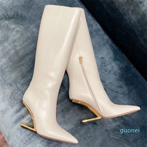 Designer - Mode féminine pointue talons hauts bottes zippées bottes d'équitation à hauteur du genou talon sculpté en métal doré mode de luxe chaussures élégantes usine