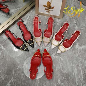 Sandalias de diseñador para mujer Punta puntiaguda Tacones altos Zapatos formales Hebilla en V de metal clásico Desnudo Negro Rojo Mate Stiletto Zapatos de vestir con tiras Negro 35-44