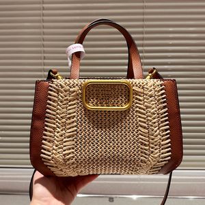 Designer Femmes Vlogo Signature Sac fourre-tout en paille Italie Marque de luxe V Nappa Poignée en cuir Lin Petits sacs à bandoulière Lady Bandoulière Bandoulière Marron Shopping Sac à main 23 cm