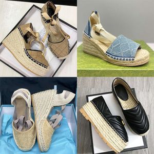 Diseñadores para mujer Plataforma de cuña Sandalias Zapatos de alpargata Tobillo de cuero real con cordones Matelasse Alpargata para mujer Tacón alto 12 cm Tamaño 35-41 con caja 037