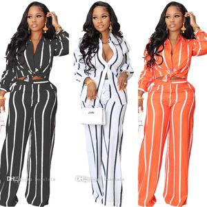 Designer Womens Clothes Two Piece Pants Suit Stripe Imprimé Chemise à manches longues et pantalon large