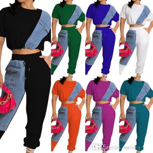 Designer Womens Clothing Summer New Denim Panelled Leisure Suit Sexy Fashion Two Piece pants Sportswear