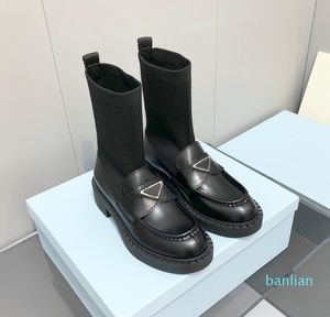 Designers chaussures en cuir surdimensionnées bottes tricot cheville monolithe botte militaire inspiré combat plate-forme bas nylon bouch