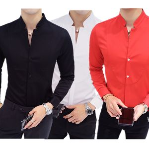 Diseños Otoño Invierno Stand Collar para hombre Camisas de vestir de manga larga Negro Rojo Blanco Delgado Elegante Juvenil Hombre Negocios Boda Formal