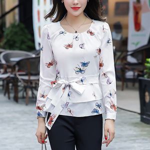 Diseños plisado cuello redondo blanco mariposa gasa mujeres Tops blusas manga larga Peplum cinturón coreano elegante mujer oficina camisa C