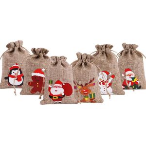DHL Navidad Arpillera Lino Bolsa con cordón Envolturas de regalo Papá Noel Muñeco de nieve Pingüino Elk Dulces Empaquetado de joyas Bolsas de almacenamiento Favores de Navidad Decoración 8.3