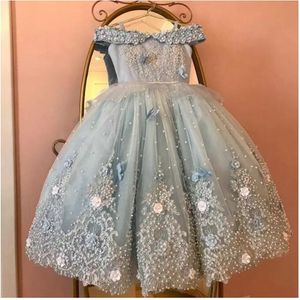 2022 Mignon Ciel Bleu Filles Pageant Robes Princesse Tulle Dentelle Appliques Perles Enfants Fleur Fille Robe Robe De Bal Robes D'anniversaire Fleurs Faites À La Main B0603G5