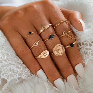 Envío gratuito con DHL, conjunto de tendencia de moda europea y americana, anillo con disco geométrico, estilo étnico, aleación exagerada, 8 unidades/juego