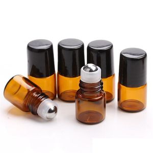 DHL Mini bouteilles en verre d'huile essentielle 1 ml/2 ml ambre rouleau sur bouteille en acier inoxydable rouleau boule huile de voyage liquide petit