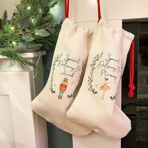 DHL Sublimación Bolsa de medias navideñas en blanco Arpillera Lino Halloween Navidad Transferencia de calor personalizada Impresión Calcetines con cordón b1020