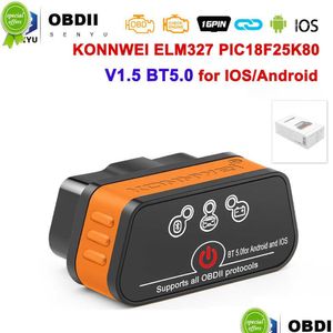 Outils de diagnostic Konnwei Elm327 V1.5 Bluetooth 5.0 Elm 327 V 1 5 Obd2 Scanner voiture Odb2 Obd 2 lecteur de code Pk Vgate Icar2 Drop Deliver Dhdfm