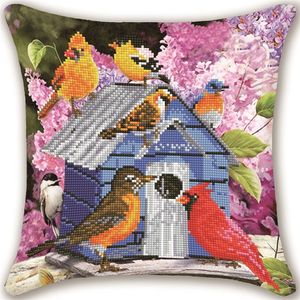 Diamant Peinture Housse De Coussin Remplacement Printemps Oiseaux Maison Jeter Taie D'oreiller Partiel Rond AB Drill DIY Mosaïque À La Main 201202