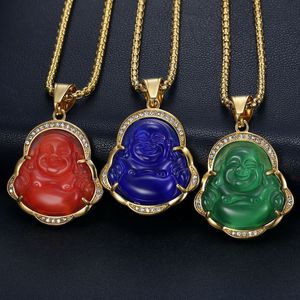 Diamant Clouté Opale Jade Riant Bouddha Pendentif Colliers avec Chaîne En Acier Inoxydable Plaqué Or Incrusté De Pierres Précieuses Bijoux En Gros