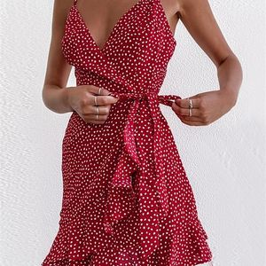 DICLOUD été rouge courte robe portefeuille pour femmes Boho Sexy imprimé Spaghetti sangle lumière plage robe d'été fête femme vêtements 220509
