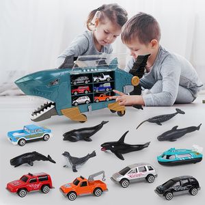 Diecast Model car Grand Shark Truck Toys Ocean Transportation Storage Trucks With Led Music Diecast Sliding Container Model Car Gift For Boy 230621