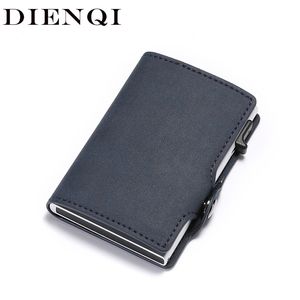 DIENQI Anti Rfid Titular de la tarjeta de crédito Hombres diapositiva de cuero titular de la tarjeta de identificación Banco Aluminio Metal Monedero Tarjeta de crédito Bolsa popwallet LJ200907