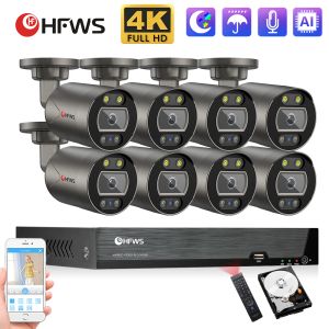 DILDOS HFWS CCTV Cámara Sistema de seguridad Kit Poe 4K 8MP 8CH H.265 KIT NVR CCTV Audio Audio Video Videro Vigilancia Conjunto de cámara IP