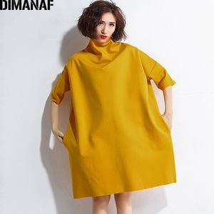 DIMANAF Robes d'automne Femmes Col roulé Coton Tricot Femme Vêtements Élégant Solide Robes Plus Taille Mode Dames Robe 2021 210306