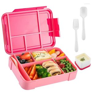 Dinnerware Bento Lunch Box Kids Adults With 5 Compartments And 1 Salad Dressing Containers Snack Rose Red Durable