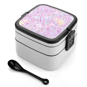 Jeu de vaisselle sur bento box déjeuner contenant thermique 2 couches saines jeux vidéo pastel rose mignon kawaii nineties super