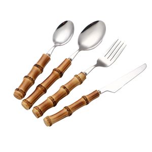 Dinnerware Set 18/10 Stainless Steel Tableware Natural Bamboo Hand Knife Fork Spoon Luxury Cutlery Set Flatware