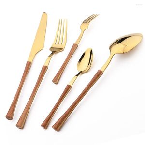 Ensembles de vaisselle 1/2 pièces manche en bois ensemble de couverts en or couverts en acier inoxydable occidental couteau fourchette cuillère vaisselle cuisine mariage