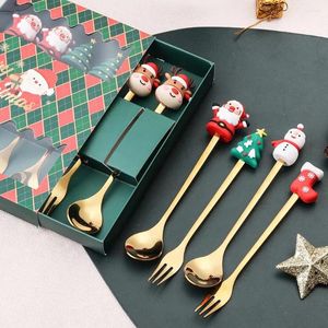 Ensembles de vaisselle 6 PCS / Set Christmas Fork Spoon Kit avec boîte cadeau Boîte de notes en acier inoxydable Charme Topper Long Handle Cutlery Ustensiles