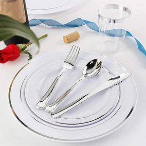 Juegos de vajilla 70pcs Silver Set Dinner Plates Postre Knife Spoon Desechable para fiestas de cumpleaños de la boda
