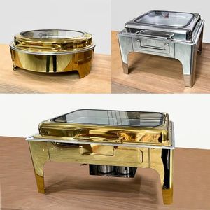 Ensembles de vaisselle Commercial El en acier inoxydable Roll Top Chafing Dish Buffet plaqué or plats de luxe plus chaud vente avec couvercle en verre