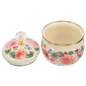 Juegos de vajilla Sazón de esmalte Jar de azúcar Salt Pot de té Té Patrón de flores Contenedor de grasa Vintage Almacenamiento de aceite puede tapa del tazón