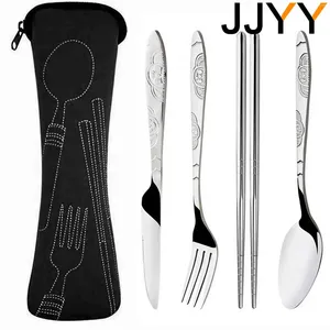 Ensembles de vaisselle jjyy 4pcs / 3pcs Set Portable Imprimé Kifes Fork Spoon en acier inoxydable Famille de camping Cutlery Cutlery Couvrerie avec sac