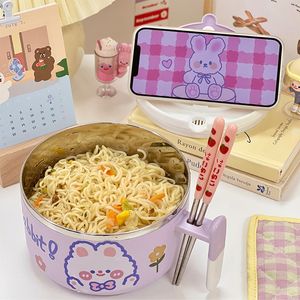 Ensembles de vaisselle Kawaii bol Ramen en acier inoxydable avec couvercle mignon grandes nouilles instantanées salade de fruits bol à soupe de riz vaisselle de cuisine 10001300ml 230825