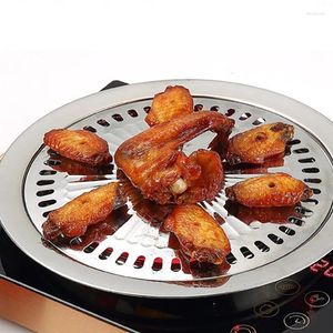 Juegos de vajilla Juego de parrilla de acero inoxidable coreano Antiadherente Kabob BBQ Net Sartenes de gas para uso doméstico Utensilios de cocina Restaurante Roundness Roast Plate 3pcs